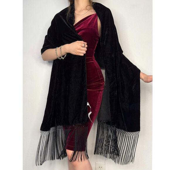 Vintage Black Velvet Fringe Beads Shawl Wrap Cape 90s Gothic Glam Whimsigoth - Picture 1 of 8